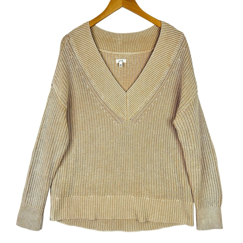 Aerie Oversized Cotton Sweater Women's Beige Chunky Knit V Neck Slouchy
